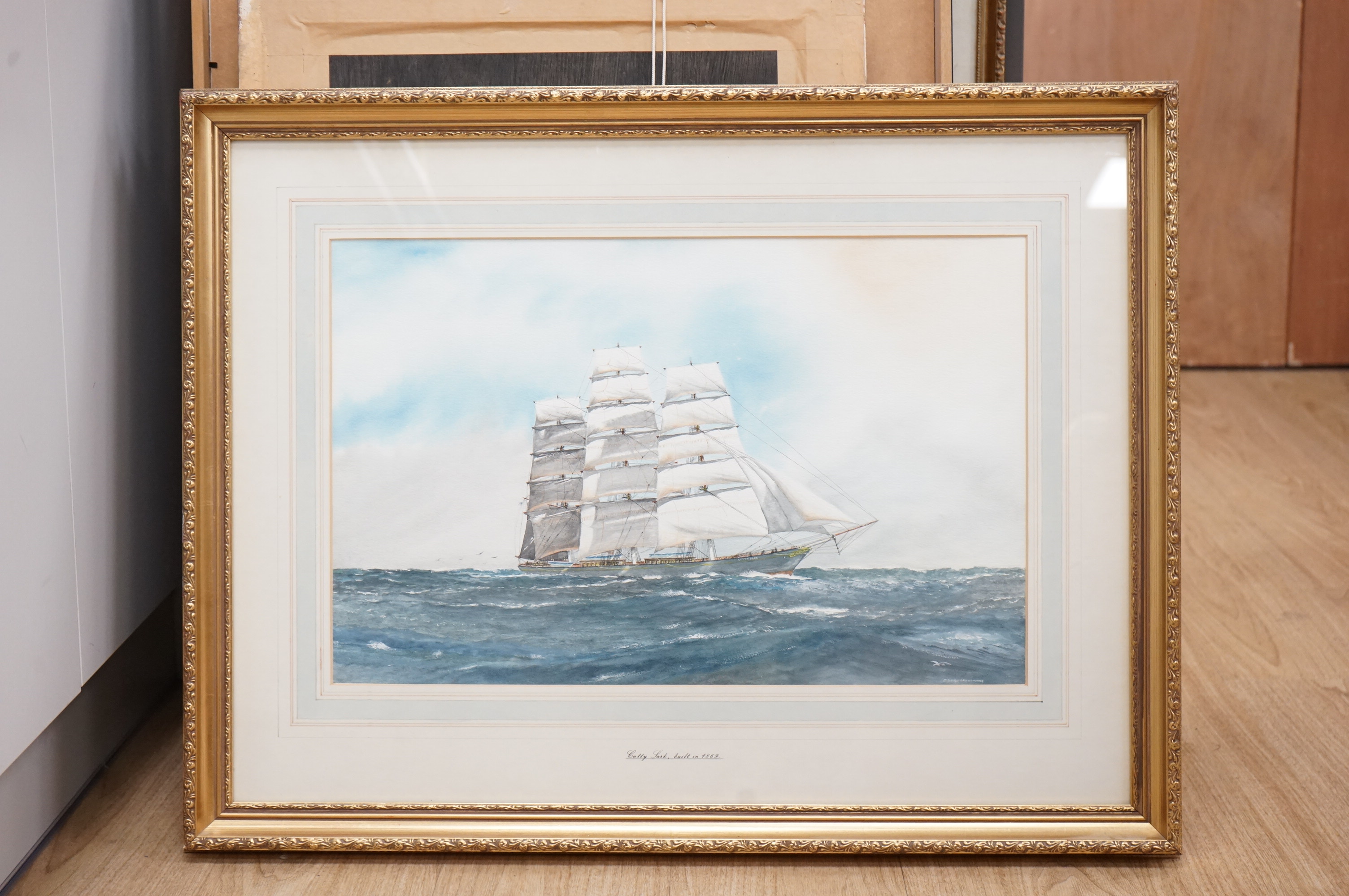 J Dawes-Broadhouse, watercolour, Study of the Cutty Sark, signed, 35 x 54cm.